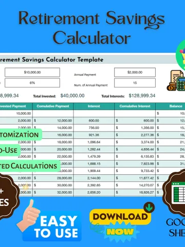 Retirement Savings Calculator Template, Editable Google Sheets, Digital Download for Financial Planning & Retirement Goals $6.86