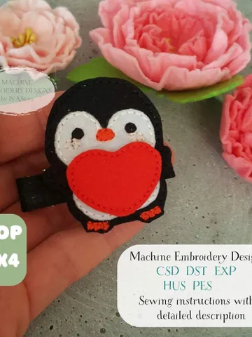 ITH Penguin Holding Heart Hair Clip Design & PDF Tutorial, Felt Love Bird Hair Bow Pattern, 4x4 Hoop DIY File $5.00