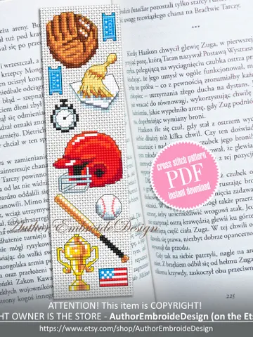Baseball bookmark cross stitch pattern PDF download Sport mini cross stitch chart Modern bookmark pattern digital PDF Bookmark for men #B309 $4.40