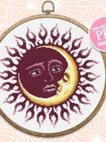 Mandala sun and moon cross stitch pattern PDF download Sun mandala cross stitch chart, Sun moon pattern digital PDF, Crescent moon #M185 $4.60