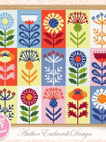 Folk flowers cross stitch pattern PDF download Scandinavian flower sampler, Patchwork cross stitch chart, Floral pattern digital PDF #P44 $5.90