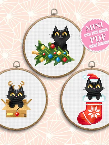Set Christmas cats cross stitch pattern download PDF, Cute black cat embroidery PDF, Christmas small cross stitch, Funny home cat decor #N79 $5.50