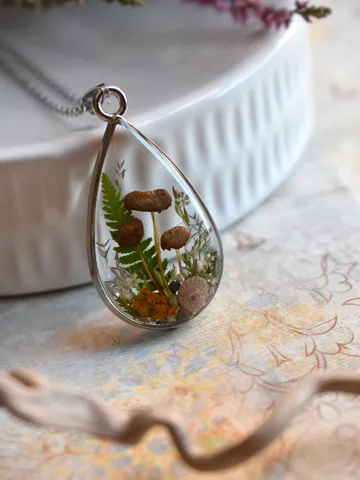 Real mushroom drop necklace. Pendant with a forest composition. Necklace with dried mushrooms in resin.
