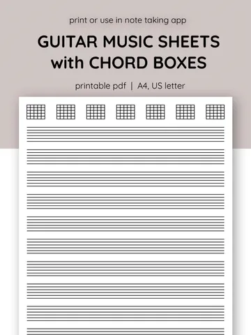 Printable guitar sheet music. Blank music tab sheets for guitar. Downloadable guitar.Blank guitar sheet with chord boxes $1.00