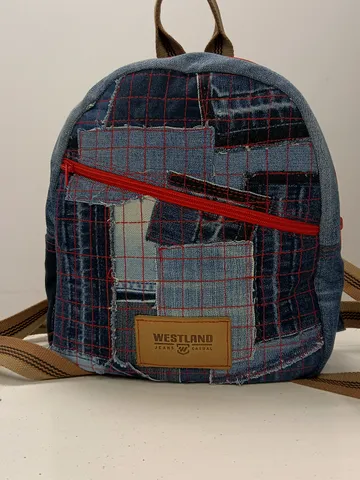 Stylish HANDMADE denim BACKPACK WITH a DEEP POCKET IN THE FRONT IN the lazy boro Patchwork STYLE $75.00