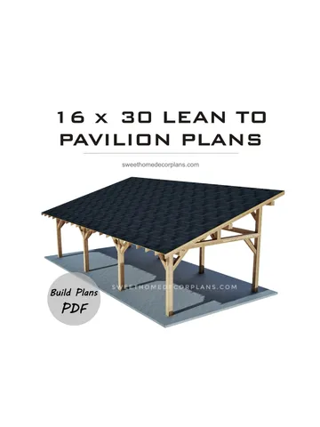 DIY 16 x 30 lean to pavilion plans pdf. Detached carport plans. Wooden covered gazebo outdoor plans. Timber frame backyard garage plans. $18.90