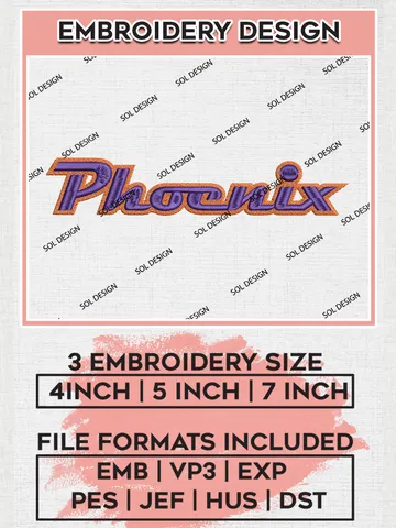 WNBA Phoenix Basketball Word Logo Embroidery Files, WNBA Phoenix Mercury Team Embroidery Designs, WNBA Basketball Teams, 3 sizes, Machine embroidery designs, Digital Download $6.99