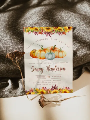 Little Pumpkin is on the way; Editable Autumn Pumpkin Baby Shower Invitation Template Canva; Fall 2022 Autumn Watercolor Pumpkin Invitation $10.98