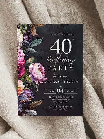 Modern 40th Birthday Canva Template – Moody Burgundy & Blush Peony Floral Invitation, Elegant Dark Background Birthday Party Invite $7.00