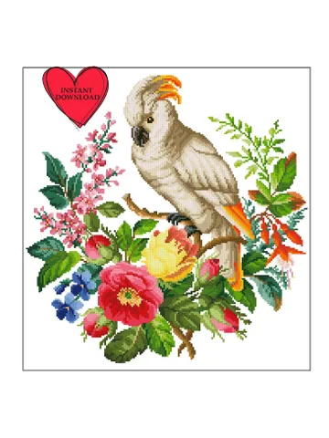 White parrot Cockatoo in flowers on branch vintage cross stitch pattern Peranakan Museum Wedding tablecloth $4.87