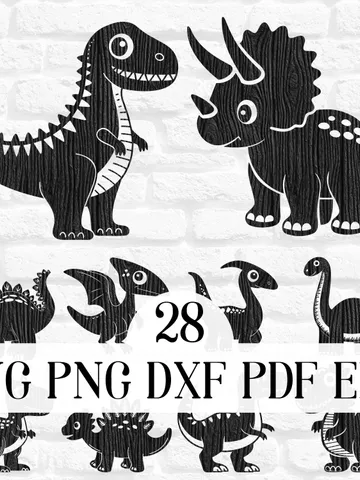 Cute Dinosaur SVG bundle, 28 Vector files, kids dino silhouette clipart, t-rex laser cut file, DXF, all in one PNG, eps, pdf $2.99