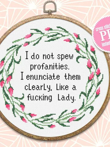 Framed quote cross stitch pattern Like a fucking lady Instant download PDF, Flower wreath cross stitch chart, Funny text cross stitch #Q37 $4.50