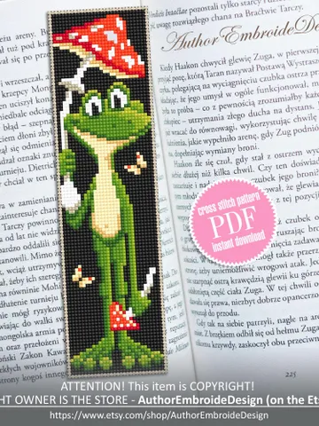 Frog bookmark cross stitch pattern PDF download Mushroom frog cross stitch chart, Funny bookmark pattern digital PDF, Frog embroidery #B371 $4.40
