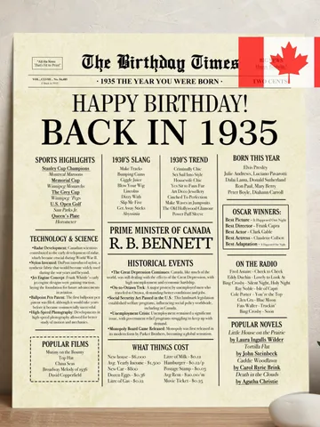 90th Birthday Newspaper Poster, Born in 1935, Canadian Edition, Back in 1935 Canada, 90 Years Ago Printable Birthday Decor $7.00