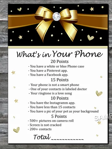 Golden bow What's in Your Phone Birthday Party Game,Adult Birthday party game-fun games for her-Instant download $1.75