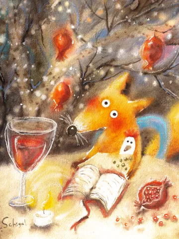 27×31cm Artwork by Julia Schigal "Pomegranate Wine"- watercolor, gouache, pastel $199.00