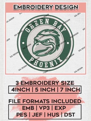 NCAA Green Bay Phoenix Round Logo Embroidery, NCAA Green Bay Phoenix Embroidery Design files, NCAA Teams, NCAA Machine embroidery designs, Digital Download