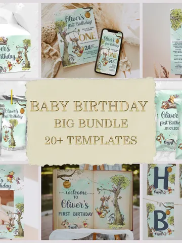 DIY Winnie Pooh Birthday Bundle; Editable 1st Birthday Party Template; Winnie the Pooh Birthday Party; Hundred Acre Wood Birthday Party; wp5 $46.00