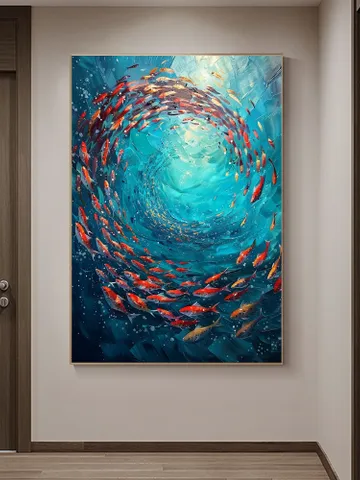Original School of Fish Oil Painting On Canvas, Abstract Blue Underwater World Art, Ocean Painting, Living Room Wall Art, Custom Painting $145.32