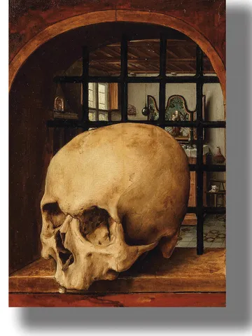 A Vanitas with a skull. Allegorical still life with a human skull. $21.00