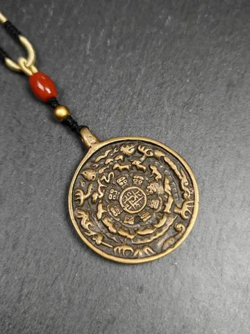 Gandhanra Vintage Tibetan Buddhist Calendar Amulet Sipaho Badge - Lima Brass Melong Mirror Protective Charm Feng Shui Pendant,43mm $189.99