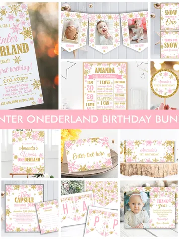 Winter Onederland Birthday Girl Decorations, Winter Onederland Birthday Party Package Bundle, Pink Gold Snowflakes Editable Template $40.00