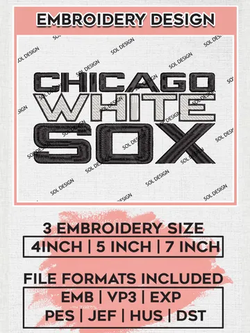 MLB Chicago White Sox Wordmark Logo Embroidery Files, MLB Chicago White Sox Team Embroidery, NCAA Teams, 3 sizes, Machine embroidery designs, Digital Download $6.99