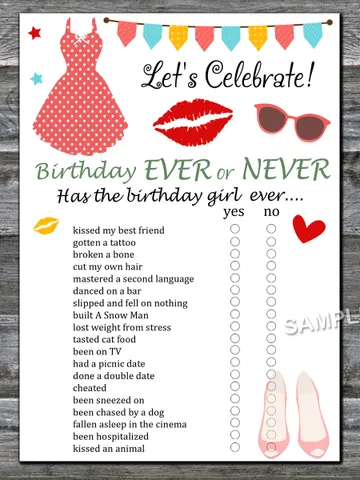 Ladies theme Birthday ever or never game,Adult Birthday party game-fun games for her-Instant download $1.75