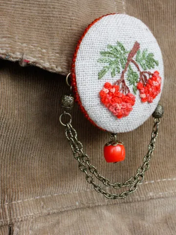 Mori girl brooch embroidered Forest girl brooch with chain Large fall pin with coral beadNature themed orange autumn brooch $45.23