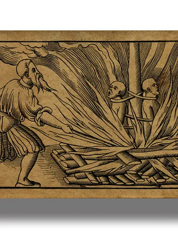 Burning of heretics. Medieval engraving with the horrors of the Inquisition. $21.00
