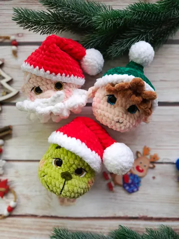 Crochet christmas tree decorations toys set 3 in 1 
pattern PDF Santa, elf, green villain