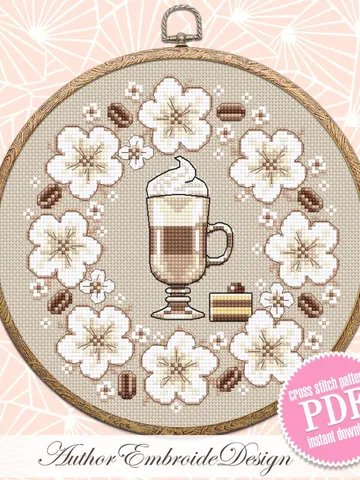 Coffee cross stitch pattern PDF download Latte cross stitch chart, Floral coffee pattern digital PDF, Flower wreath, Coffee lover gift #F19 $4.50