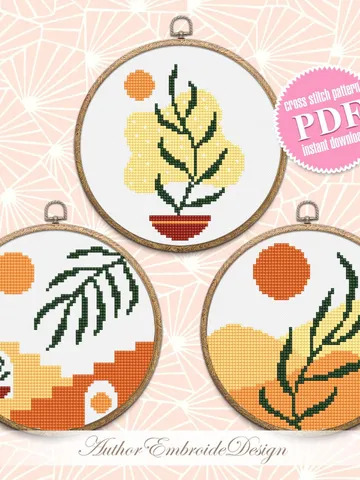 Abstract boho cross stitch pattern PDF download Set of 3 Minimalist nature cross stitch chart, Simple boho floral pattern digital PDF #O10 $5.80