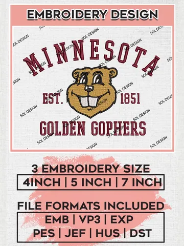 Minnesota Golden Gophers Est 1851 Logo Embroidery Designs, NCAA Minnesota Golden Gophers Team Embroidery, NCAA Team Logo, 3 sizes, Machine embroidery Files, Digital Download $6.99