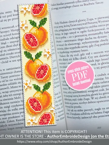 Bookmark grapefruit cross stitch pattern download PDF Tropical fruit cross stitch chart, Digital bookmark pattern PDF, Book lover gift #B144 $4.40