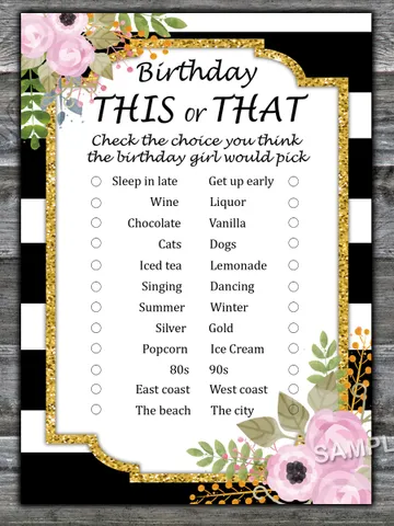 Black White Striped Birthday This or that game,Adult Birthday party game-fun games for her-Instant download $1.75
