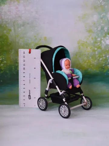 Miniature toy stroller for dolls in 1/6 scale. Accessories for small dolls and poupins. Pram for Barbie doll. $121.00