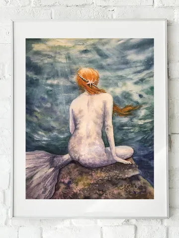 Mermaid Original Painting Woman Watercolor Wall Art $171.46