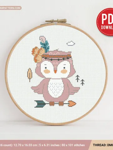 Owl Boho Style aesthetic mini cross stitch pattern, baby, animal, boy girl nursery decor, counted, chart, gift DIY, embroidery, instant PDF $5.94