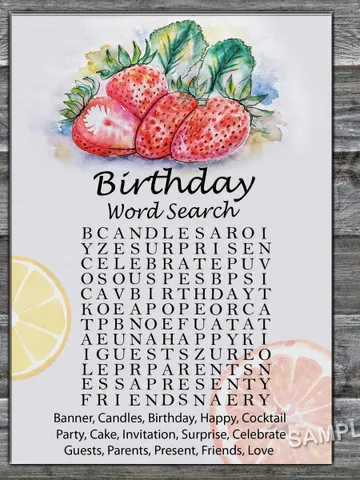 Strawberry Birthday Word Search Game,Adult Birthday party game-fun games for her-Instant download