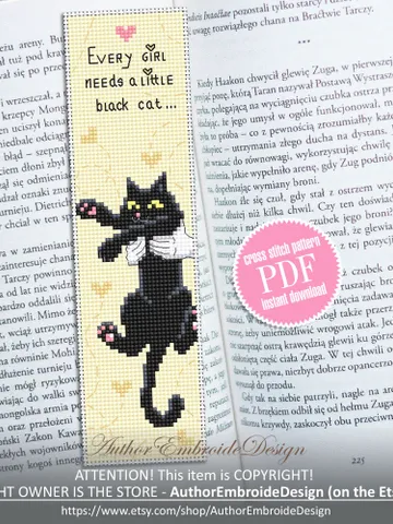 Cat bookmark cross stitch pattern download PDF Black cat cross stitch chart, Funny bookmark digital pattern PDF, Cat mom embroidery #B319 $4.40
