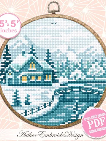 Winter landscape cross stitch pattern PDF download Nature cross stitch chart, Small snow pattern digital PDF beginner, House in forest #L92 $3.95