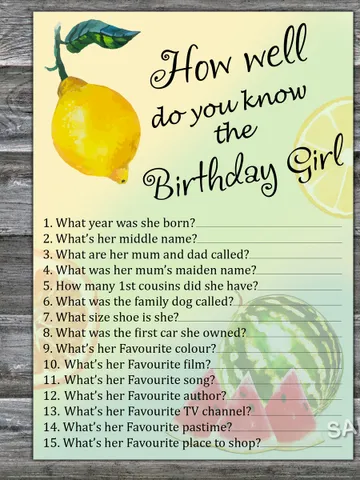 Lemon How well do you know the birthday girl,Adult Birthday party game-fun games for her-Instant download