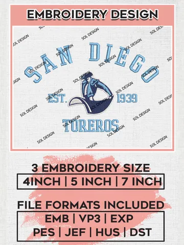 San Diego Toreros Est 1939 Embroidery Designs, NCAA San Diego Toreros Team Embroidery, NCAA Team Logo, 3 sizes, Machine embroidery Files, Digital Download $6.99