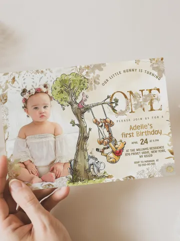 Winnie the Pooh Inspired First Birthday; Classic Winnie Pooh Invitations; Neutral Winnie Pooh Turning One; Winnie Pooh Birthday Party poom88 $12.78
