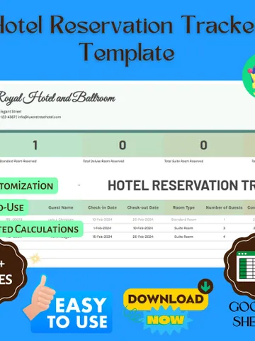 Hotel Reservation Tracker Template, Editable Google Sheets, Digital Booking Management Tool for Hotels & Hospitality Businesses $8.26