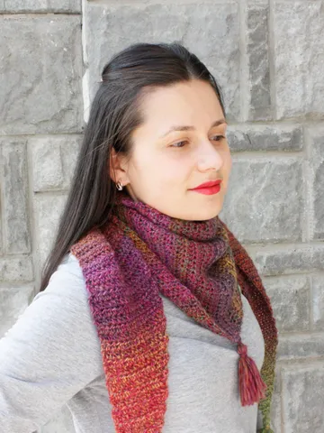Small winter neck scarf for women jewel tones Purple green wool scarf with tassels Multicolor triangle knit shawl Colorful neck warmer plum