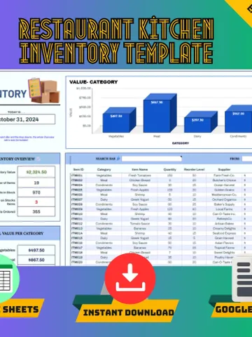 Restaurant Kitchen Inventory Template, Google Sheets Food Stock Tracker, Digital Download, Easy-to-Use Inventory for Chefs Managers $5.46
