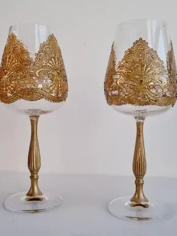 Wedding Glass Set Handcrafted, Elegant Golden Patterns, Art Glasses for Weddings $80.00