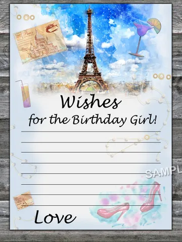 Paris themed Wishes for the birthday girl,Adult Birthday party game-fun games for her-Instant download